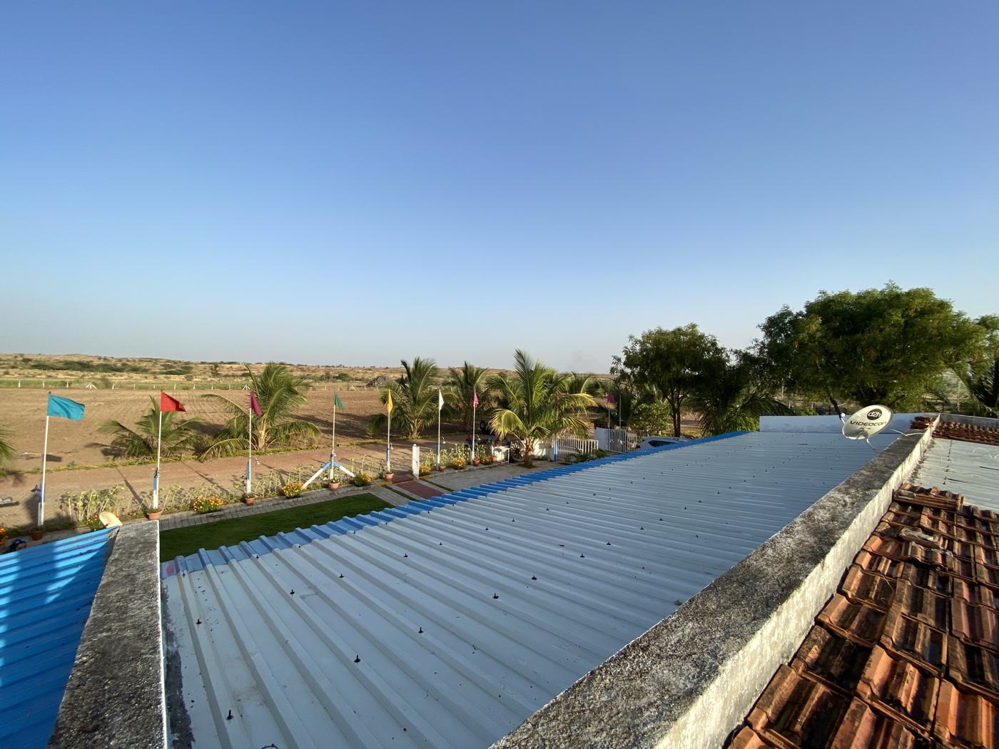 Rooftop view flags
