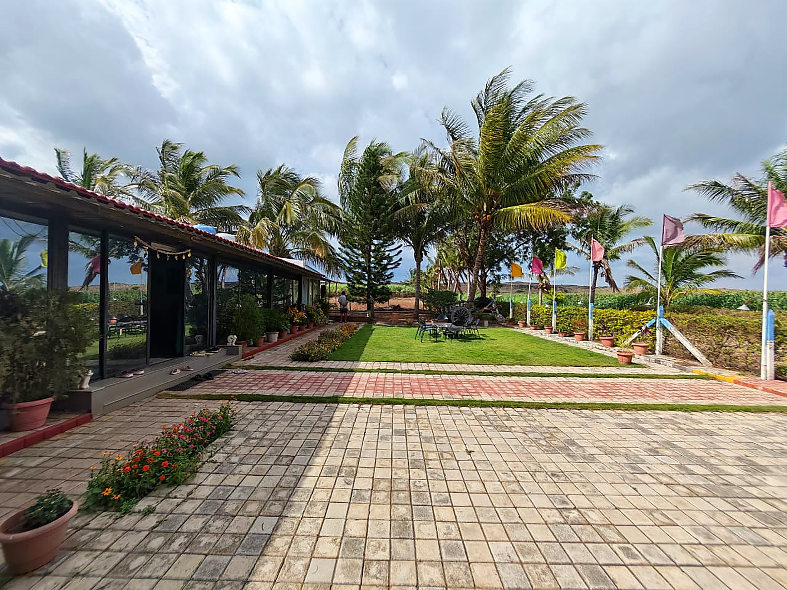 The glass-fronted farmhouse with its lawn, coconut palms and coloured flags
